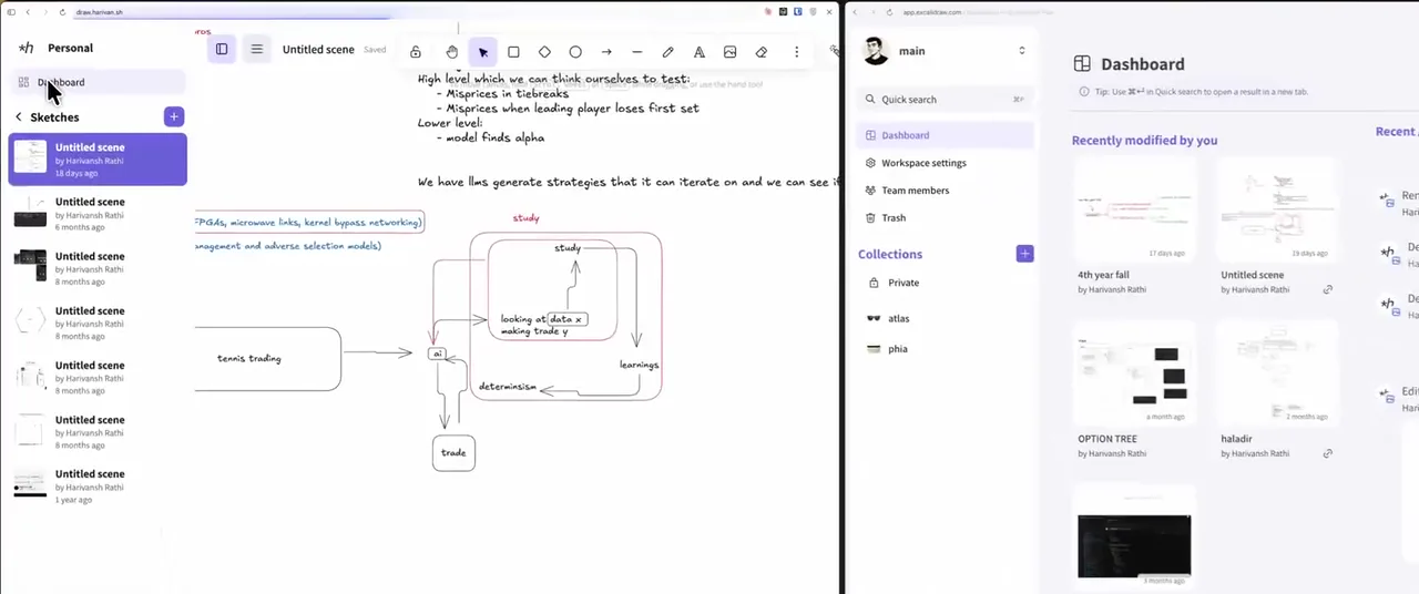 draw's dashboard of saved canvases