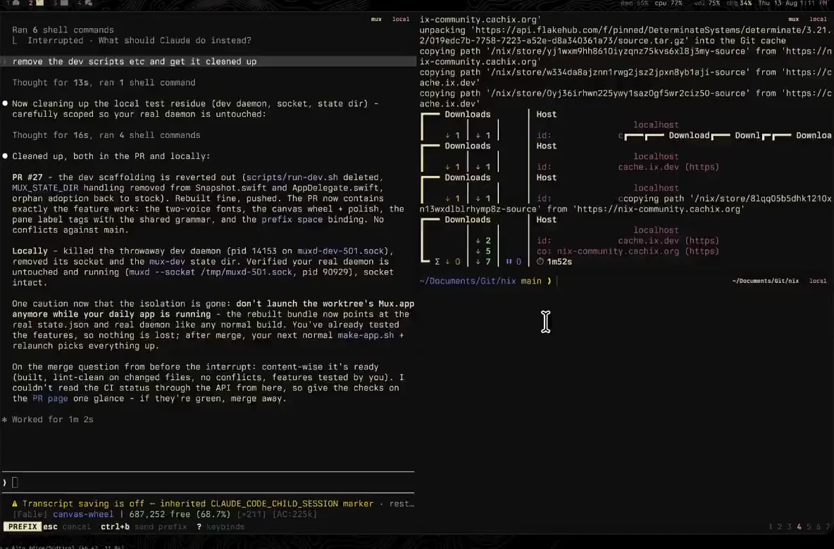 mux running a nix build across panes