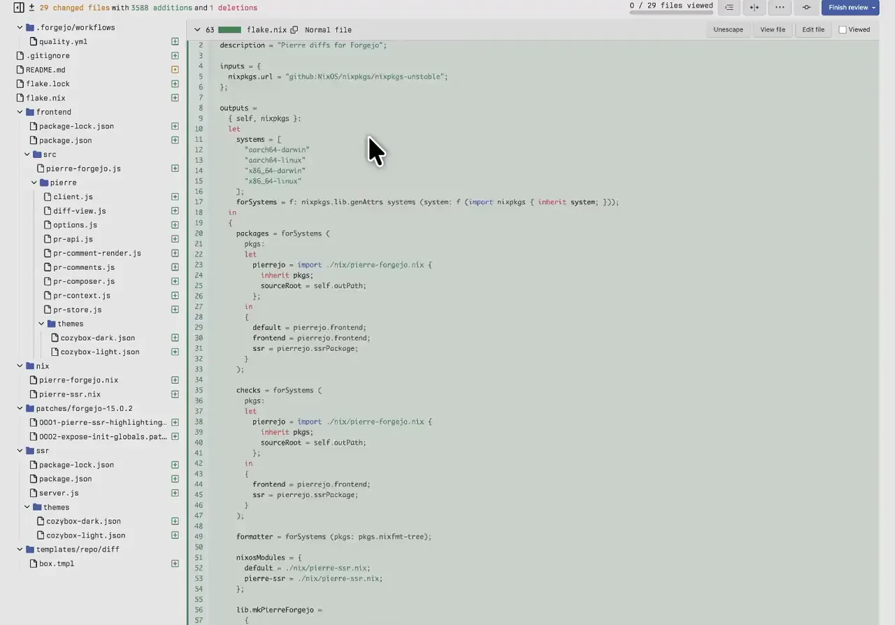 pierrejo rendering a pull request diff in forgejo